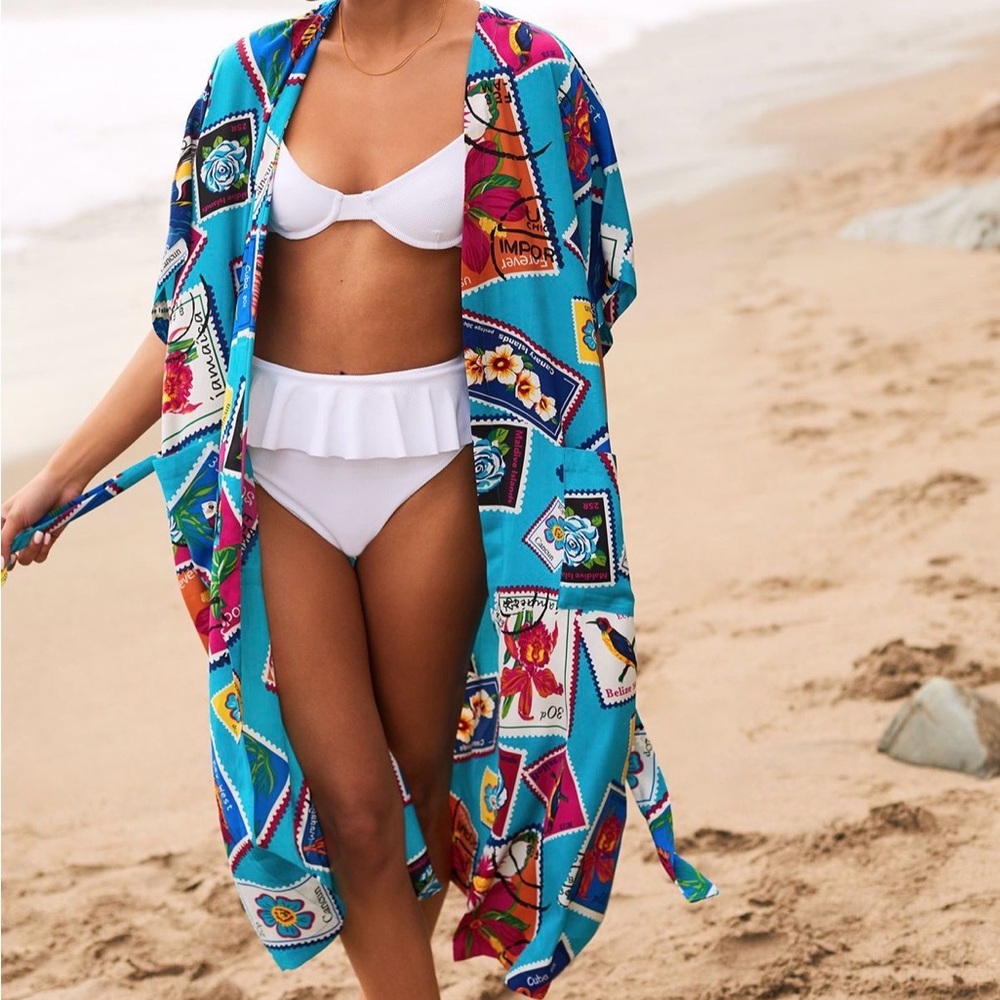 Vibrant Blue Mosaic Print Beach Cover-up